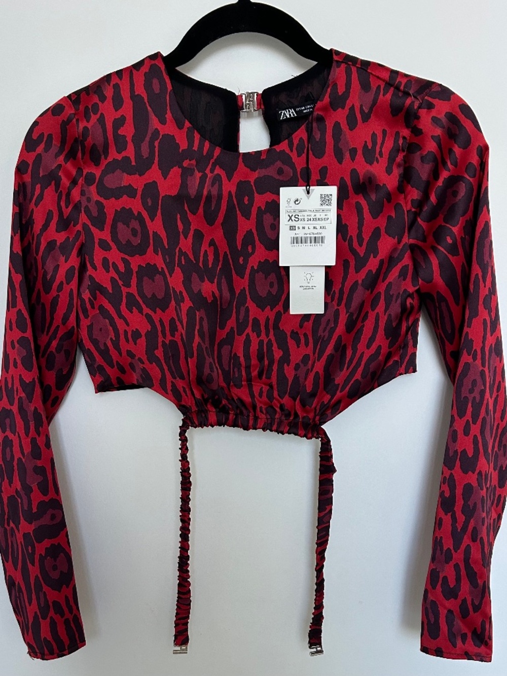NWT ZARA Red Animal Print Satin Cropped Blouse XS Open Back